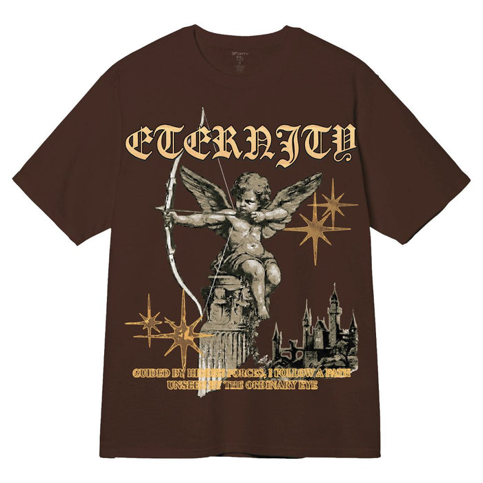 3Forty Inc. 'Eternity' T-shirt in dark brown laid flat, showcasing the front design and soft cotton fabric.