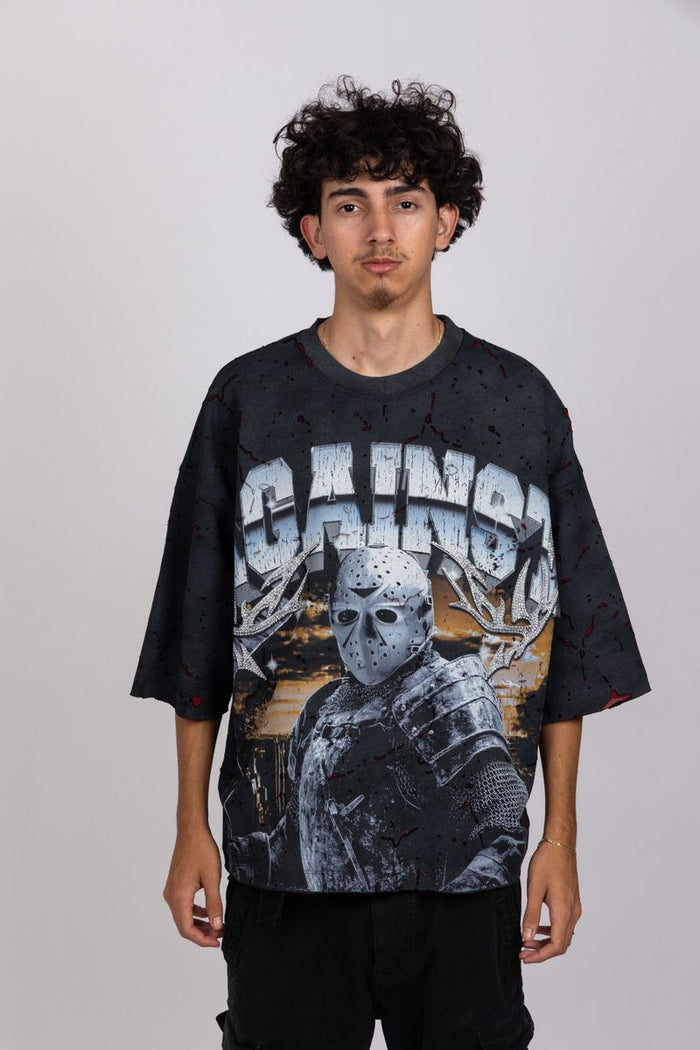 Black AKS Warriors of Ice French Terry Boxy T shirt with graphic design, short sleeve, casual fit, front view.