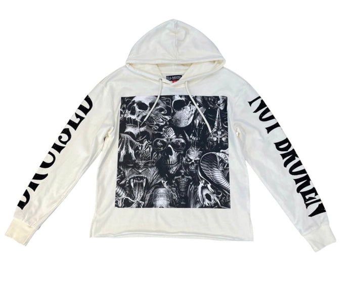Black Pike 'Bruised Not Broken' cropped hoodie in natural color, showing front view with hood and graphic design.
