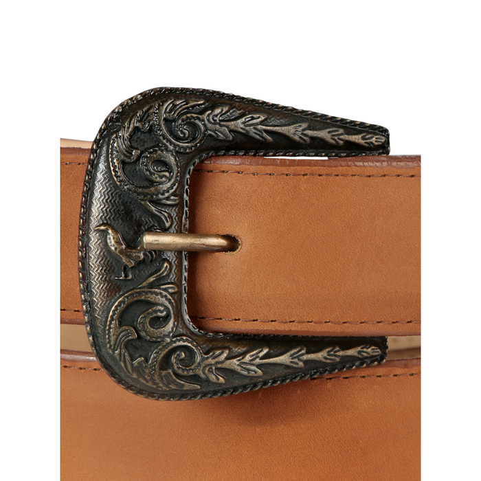 Close-up of a brown leather belt with an ornate metal buckle