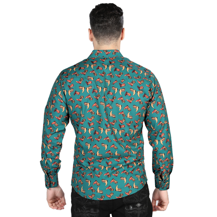 Model wearing El General menโs Dark Green Boot print long sleeve Western shirt- back shirt view