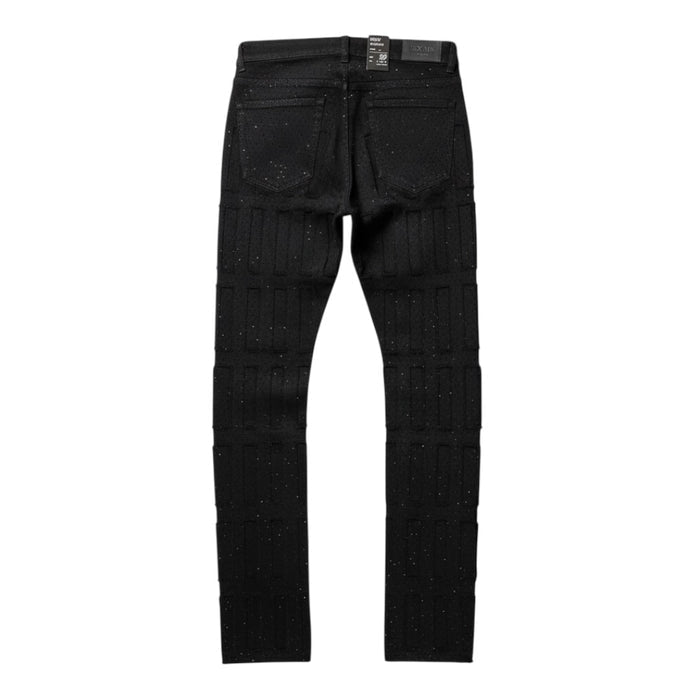 Focus Multilayer Stone Stacked Rhinestone Denim in Jet Black, stylish denim with layered rhinestone details.