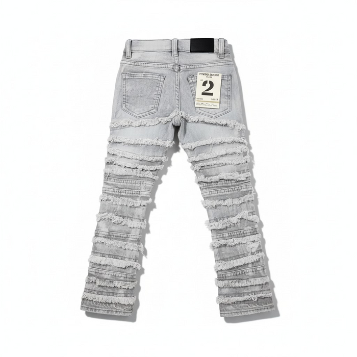 FWRD Kids distressed gray stacked denim jeans with frayed edges and a relaxed fit, featuring a casual, trendy style.