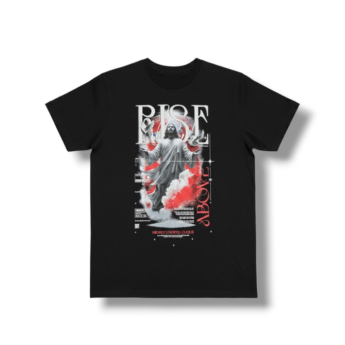 Black and silver Highly Undrtd Kids 'Rise Above' T-shirt featuring bold graphic design, displayed on a flat surface.