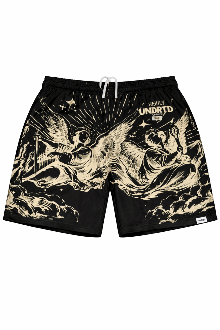 Black Saints & Sinners shorts by HIGHLY UNDRTD, casual men's shorts with a sleek design and comfortable fit.