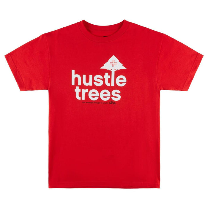 Red LRG Hustle Trees T-Shirt with graphic design, short sleeves, and crew neck, laid flat showing front view.
