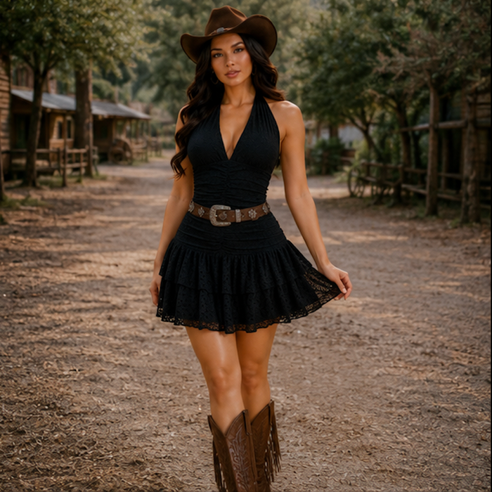 Midnight Rodeo Lace Mini Dress – Black