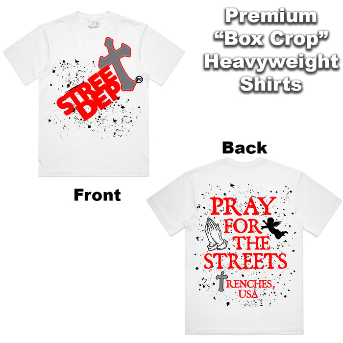 White PG Apparel Pray For The Streets T-shirt with red graphic print, casual fit, short sleeves, and crew neckline.