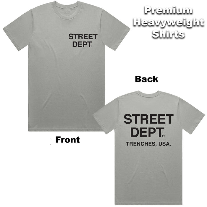 PG Apparel Street Dept storm gray T-shirt with graphic design, casual fit, short sleeves, and crew neckline.
