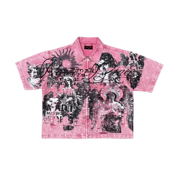 Dust pink RARE PEACE 'It's OK to Cry' digital print collar zip-up with rhinestone accents, cropped style, front zipper, and collar detail.