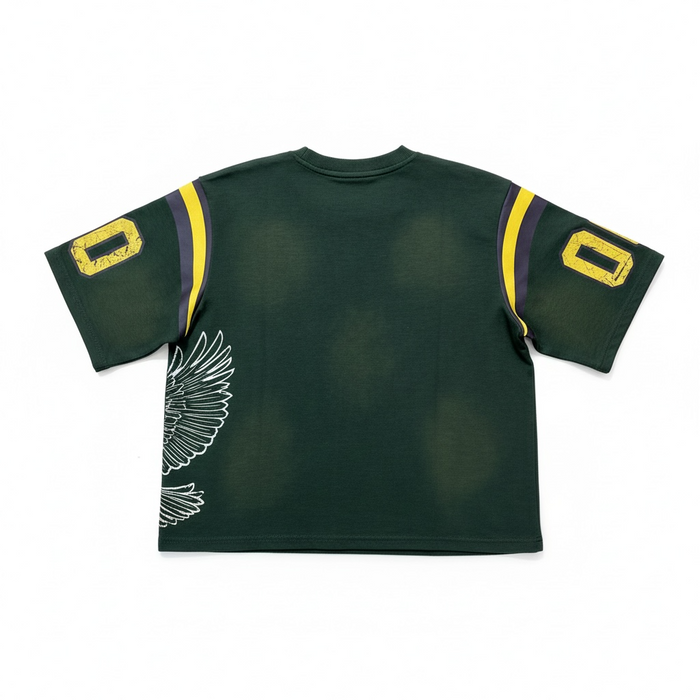 Rebel Minds Flaming RM olive jersey T-shirt with graphic print, casual tee for streetwear style.