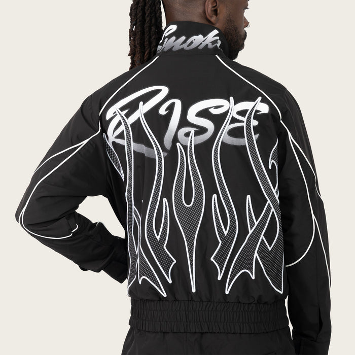 Smoke Rise racing gear shift windbreaker jacket in black, lightweight jacket with a sporty design and front zipper.