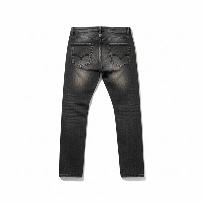 Black wash Waimea 'Padded Rips' slim fit denim jeans, showcasing distressed rips and padded details on a natural fit.