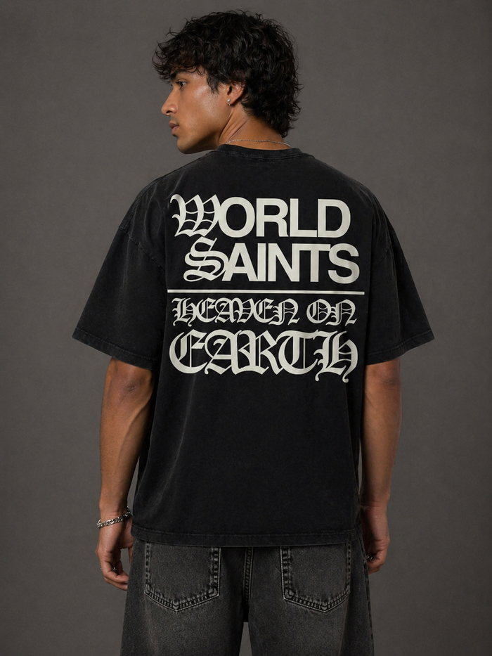 Black WRLDSNTS Saints On Earth T-shirt featuring the design printed on the front.