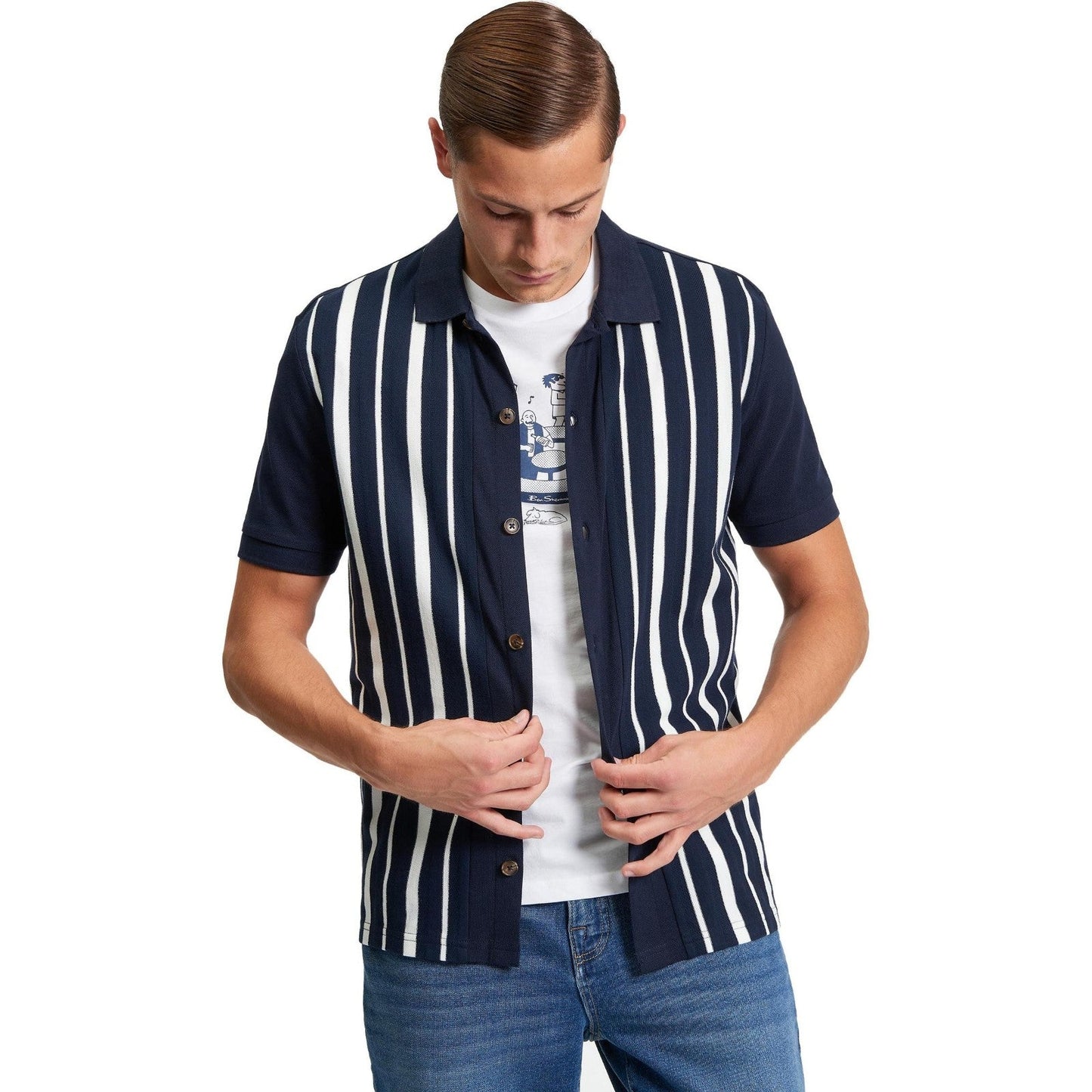 Ben Sherman Mens Button Through Stripe Short Sleeve Polo Shirt
