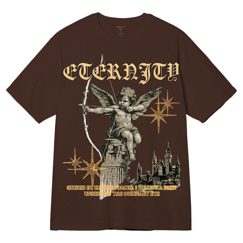 3Forty Inc. 'Eternity' T-shirt in dark brown laid flat, showcasing the front design and soft cotton fabric.