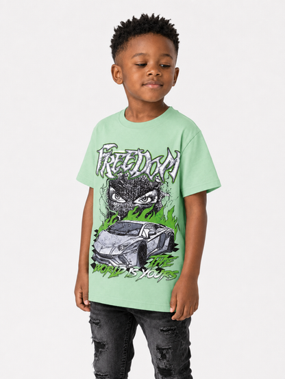 Green 3FORTY Kids 'Freedom' T-Shirt, a comfortable kids' tee with a bold graphic design, perfect for everyday wear.