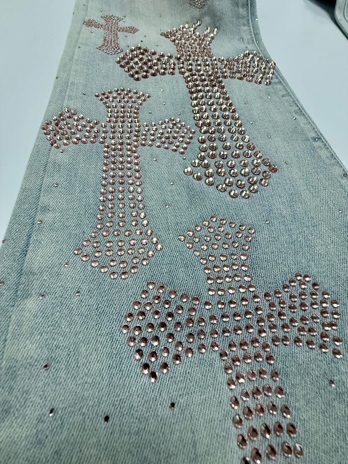 Taker Rhinestone Cross premium stacked denim in rustic blue, featuring stretch fabric and detailed rhinestone embellishments.