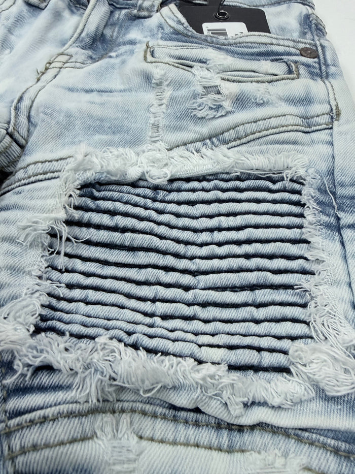 FWRD Kids Moto Denim in ice blue, kids' denim pants with moto-style design, shown on a child mannequin.