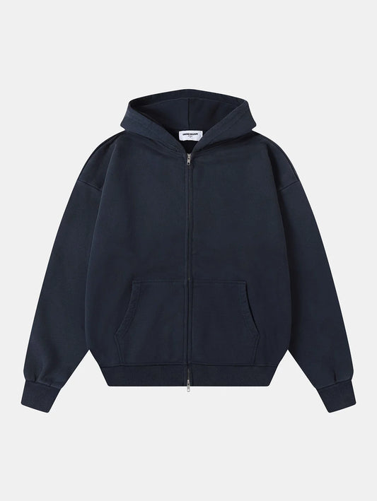 550 GSM CROPPED FIT 'WASHED NAVY BLUE' ZIP-UP HOODIE