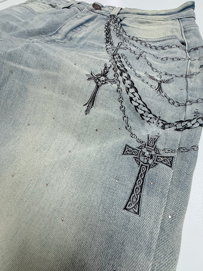 Taker Rhinestone Cross premium stretch stacked denim jeans in rustic blue, showcasing rhinestone cross embellishment and fitted style.