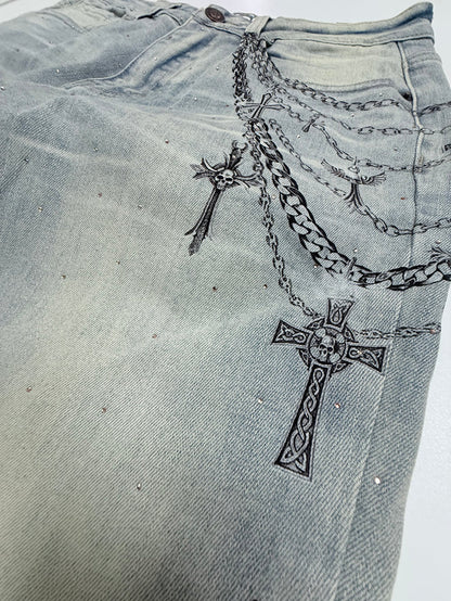 Taker Rhinestone Cross premium stretch stacked denim jeans in rustic blue, showcasing rhinestone cross embellishment and fitted style.