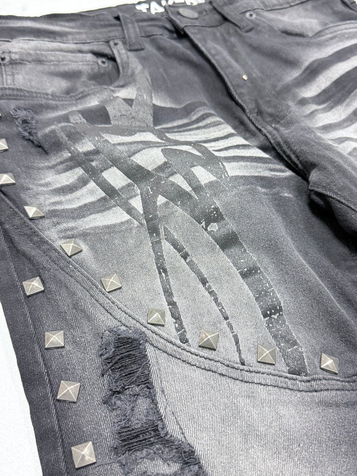 Taker Metal Studded Premium Stretch Stack Denim in black ash with metal stud embellishments, showcasing the fitted denim design.