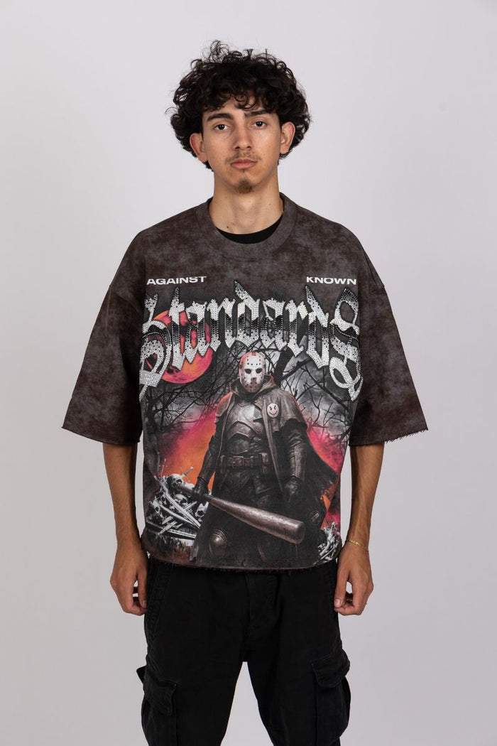 Black AKS Keep Swinging French Terry boxy T-shirt with round neckline and short sleeves, casual style, front graphic detail.