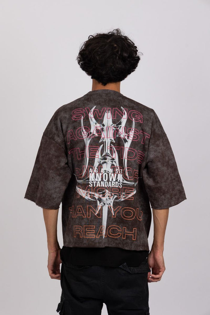 Black AKS Keep Swinging French Terry Boxy T-shirt with short sleeves and relaxed fit, displayed on a plain background.