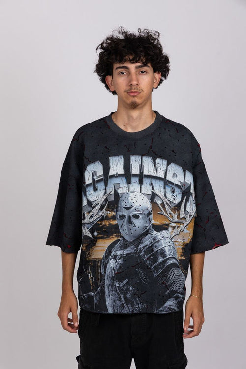 Black AKS Warriors of Ice French Terry Boxy T shirt with graphic design, short sleeve, casual fit, front view.