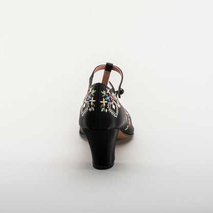 Daisy Embroidered T-Straps (Black)