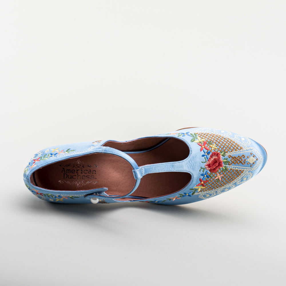 Daisy Embroidered T-Straps (Blue)