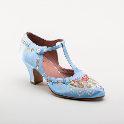 Daisy Embroidered T-Straps (Blue)