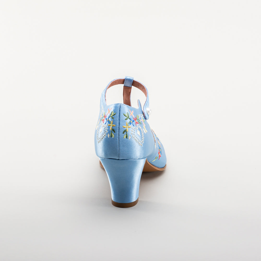 Daisy Embroidered T-Straps (Blue)