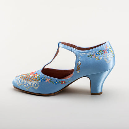Daisy Embroidered T-Straps (Blue)