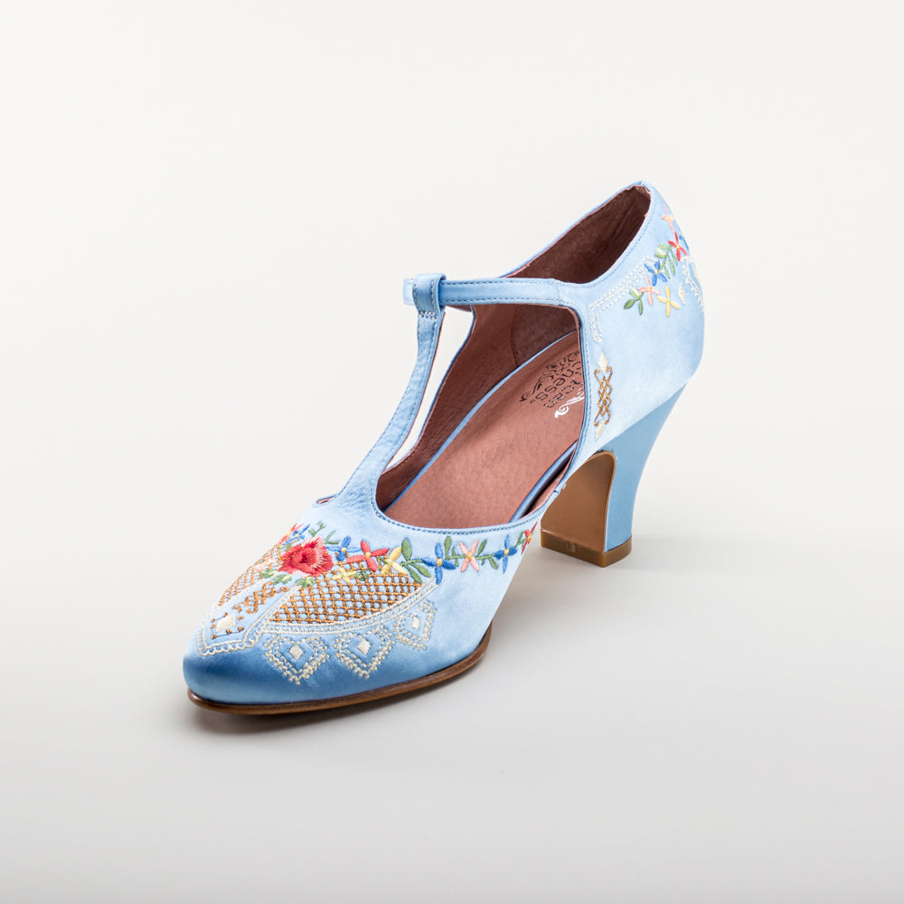 Daisy Embroidered T-Straps (Blue)
