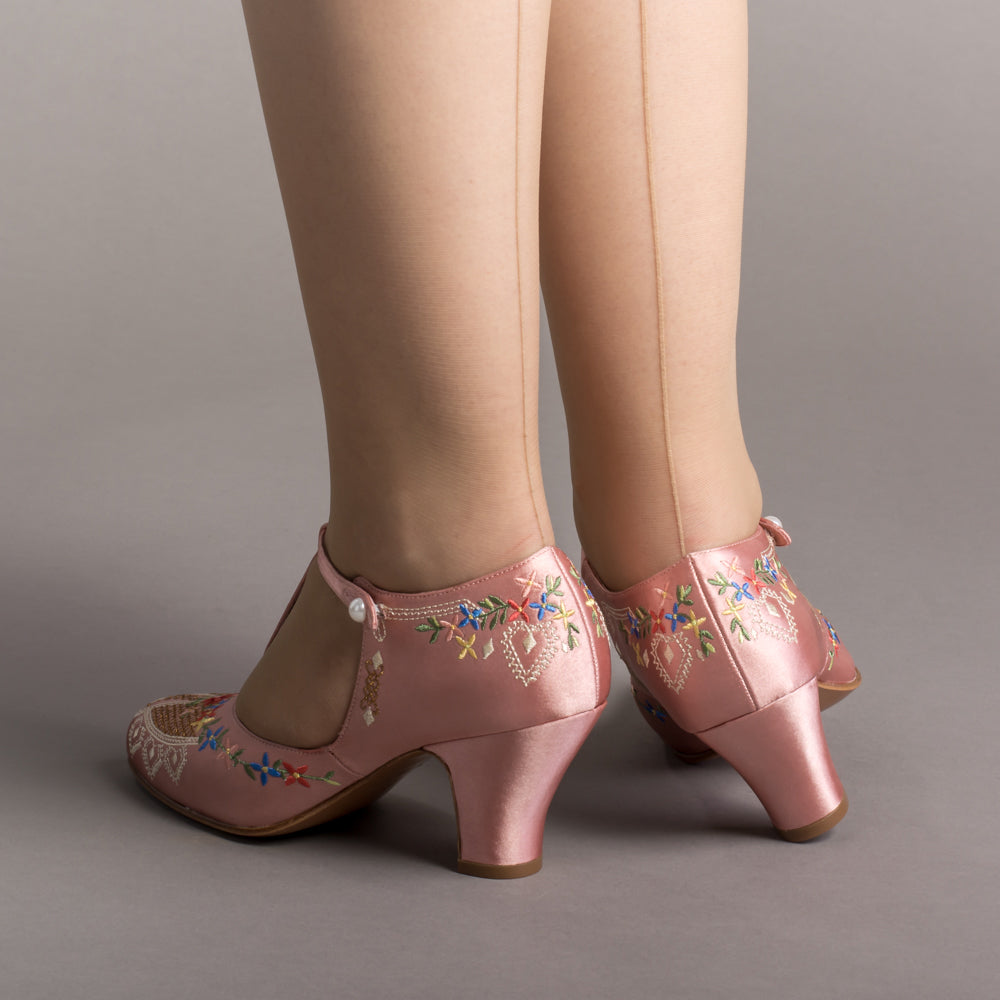 Daisy Embroidered T-Straps (Pink)