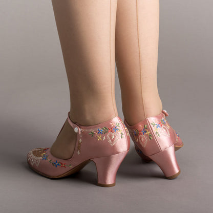 Daisy Embroidered T-Straps (Pink)