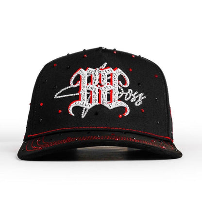 Bigg Boss Black & Red Rhinestone Rose Snapback Hat