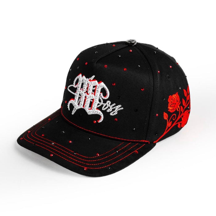 Bigg Boss Black & Red Rhinestone Rose Snapback Hat