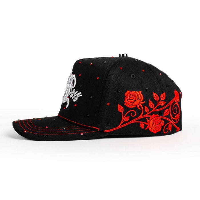 Bigg Boss Black & Red Rhinestone Rose Snapback Hat
