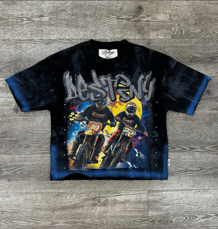 Black BKYS Destiny Cropped Rhinestone T-Shirt with bold graphic design, short sleeves, and fitted style.