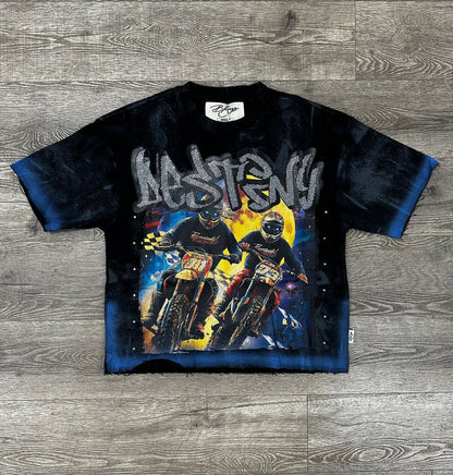 Black BKYS Destiny Cropped Rhinestone T-Shirt with bold graphic design, short sleeves, and fitted style.