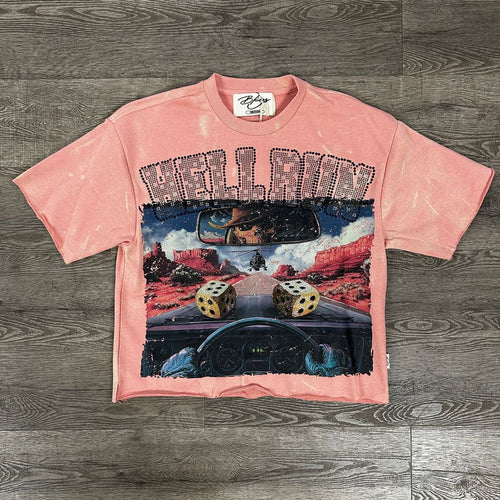 Pink BKYS 'Hell Run' cropped rhinestone T-shirt with bold graphic design and short sleeves, casual streetwear style.