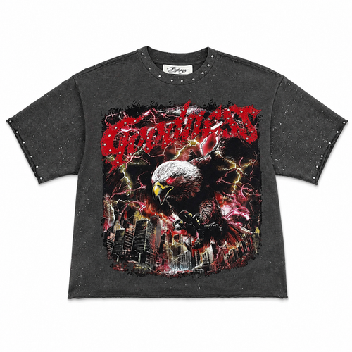 Grey BKYS 'No Brakes No Mercy' cropped rhinestone T-shirt with bold printed design, stylish and casual for streetwear fashion.
