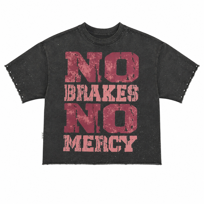 Grey BKYS No Brakes No Mercy cropped rhinestone T-shirt with bold graphic design, short sleeves, and relaxed fit.