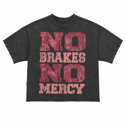 Grey BKYS No Brakes No Mercy cropped rhinestone T-shirt with bold graphic design, short sleeves, and relaxed fit.
