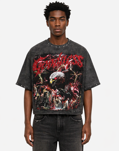 Grey BKYS 'No Brakes No Mercy' cropped rhinestone T-shirt with bold printed design and rhinestone accents, casual streetwear style.