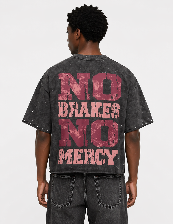 Gray BKYS 'No Brakes No Mercy' cropped rhinestone T-shirt with bold graphic design and short sleeves, casual streetwear style.