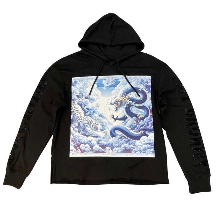 Black Pike Dragon cropped hoodie in black, featuring a front graphic design and a relaxed fit, casual streetwear style.